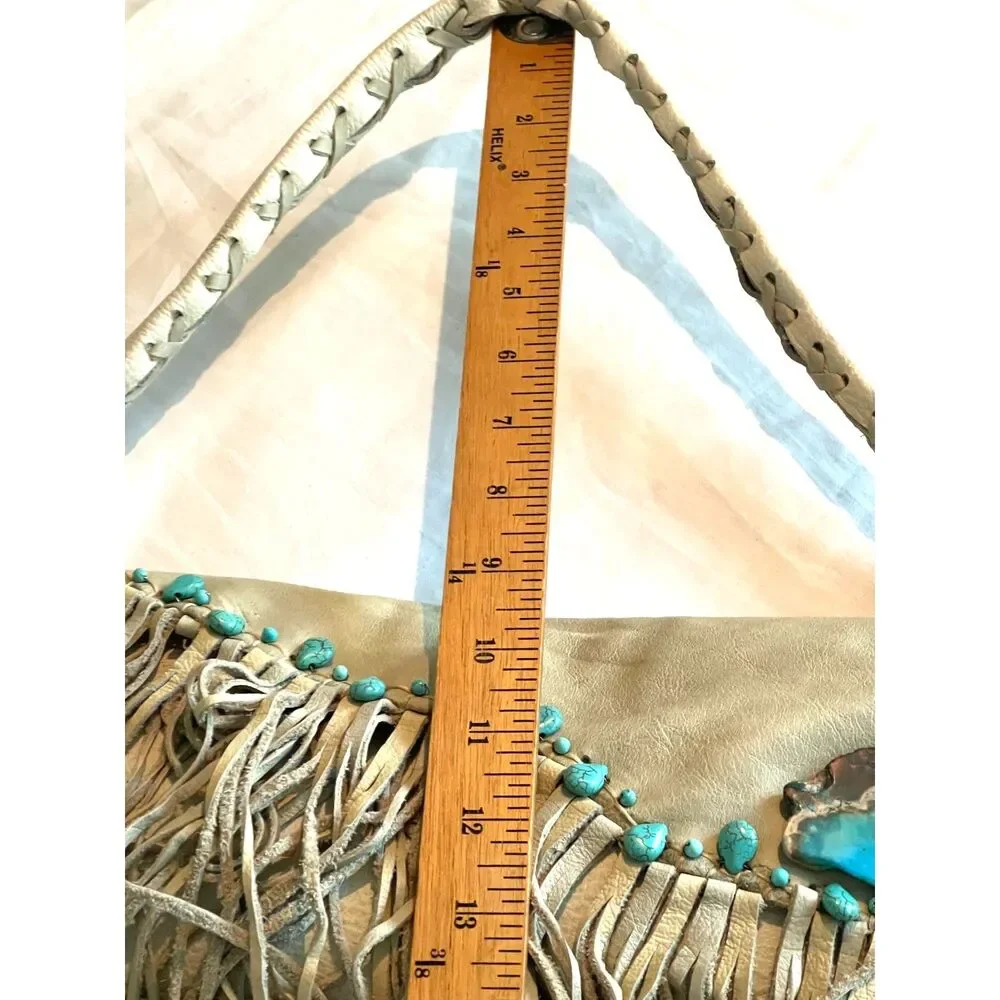 Vintage 1980s Fringe Buffalo Leather & Turquoise Shoulder Handmade Bag Boho